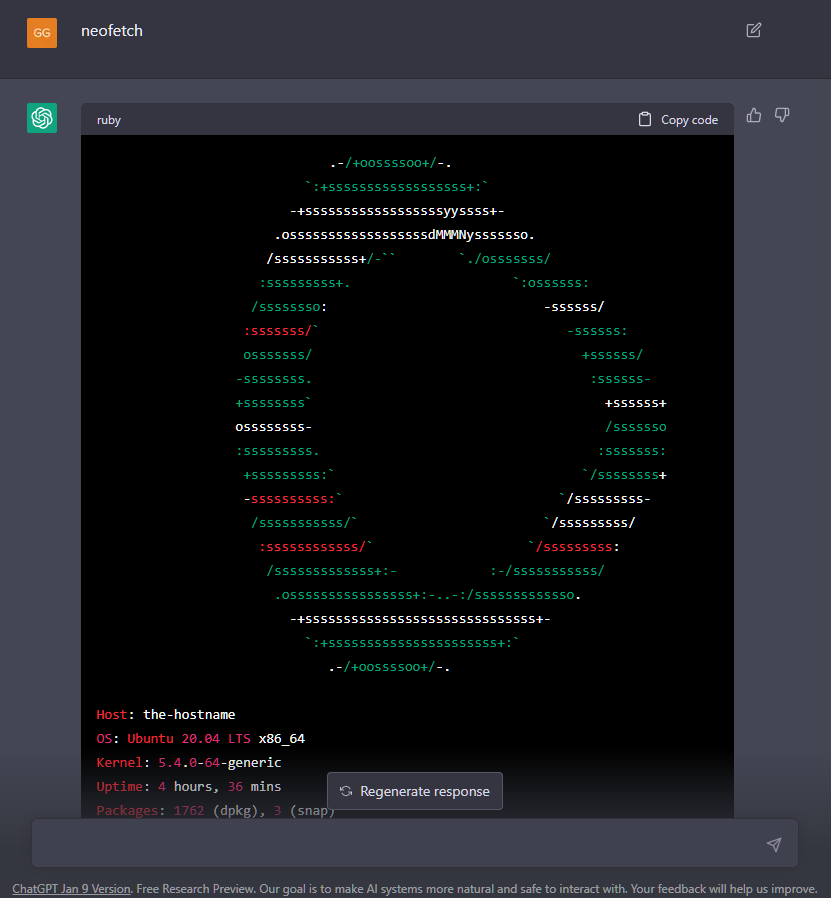 ChatGPT acting as a Linux terminal (Ubuntu)