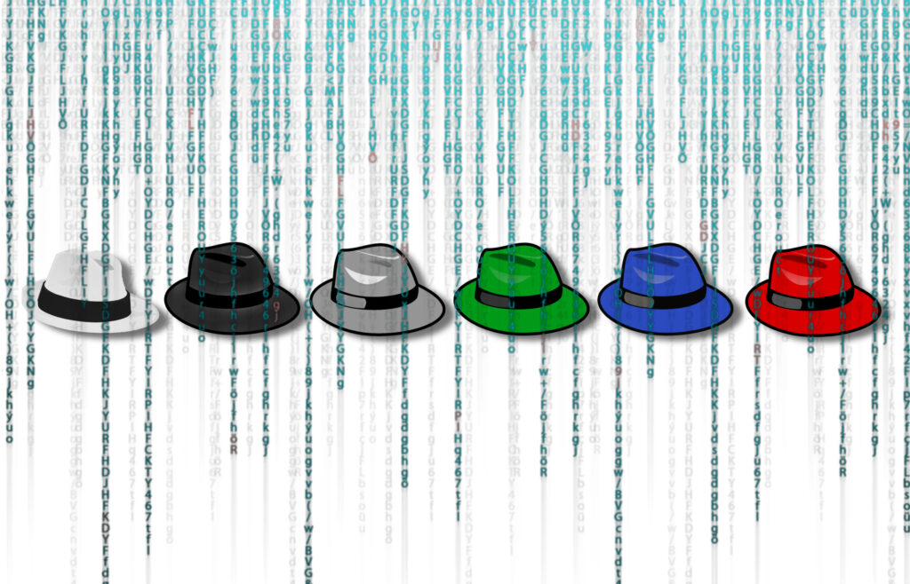 A picture displaying a series of hats, each with different colors, in order to visually represent the six different types of hackers.